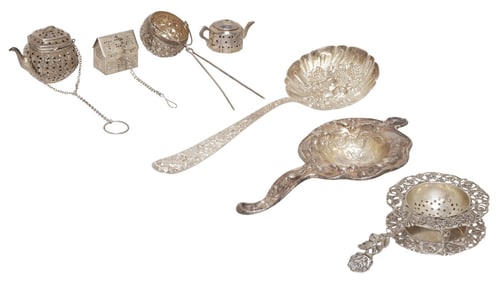 (8) S. KIRK & SON STERLING BERRY SPOON & AMERICAN SILVER TEA STRAINERS