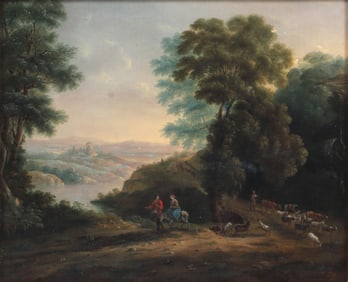 FRAMED ENGLISH SCHOOL LANDSCAPE PAINTING, TRAVELING HERDERS