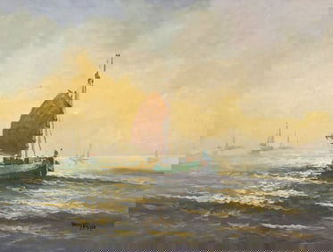 HANS VISSER (20TH C.) DUTCH SCHOOL OIL PAINTING, SAILBOATS AT SEA