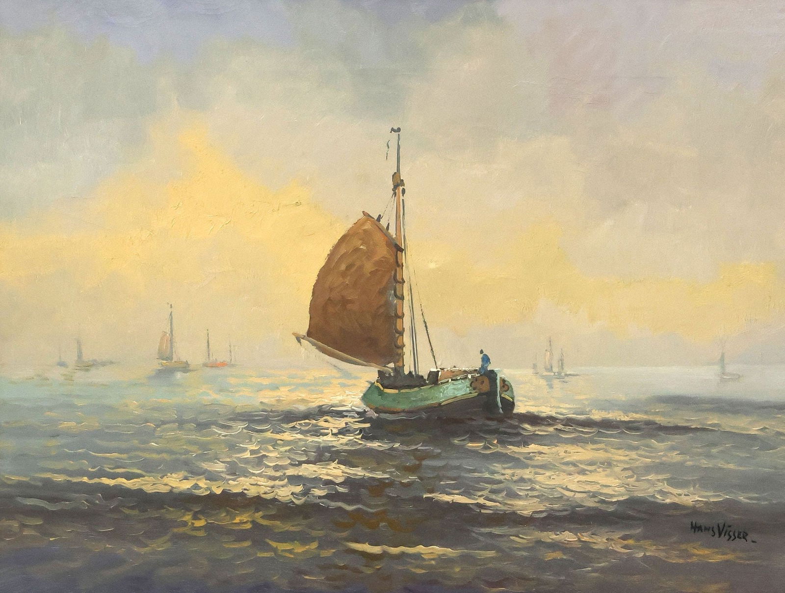 HANS VISSER (20TH C.) DUTCH SCHOOL OIL PAINTING, SAILBOATS AT SEA: Framed Dutch School oil on canvas painting, Sailboat at Sea, signed lower right Hans Visser (20th c.), sight: approx 15.5"h, 20.75"w, overall: approx 20"h, 25"w, 6lbs