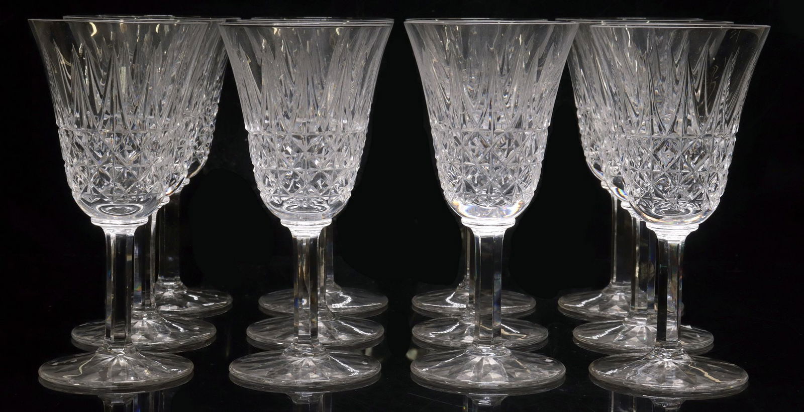 (12) FRENCH ST. LOUIS 'TARN' CUT CRYSTAL CONTINENTAL GOBLETS: (lot of 12) French Saint-Louis cut crystal Continental goblets, in the "Tarn" pattern, each having vertical points and crosshatch motifs, faceted stem, acid-etched maker's mark underfoot, approx 7"h,