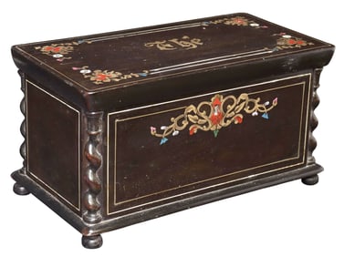 FRENCH NAPOLEON III BRASS MARQUETRY-INLAID EBONIZED TEA CADDY