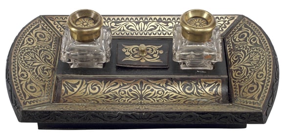 FRENCH NAPOLEON III BRASS-INLAID EBONIZED DOUBLE INKWELL DESK STAND