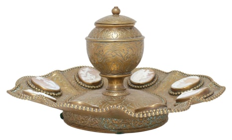 GRAND TOUR STYLE CHASED BRASS INKWELL WITH INSET CARVED CAMEOS