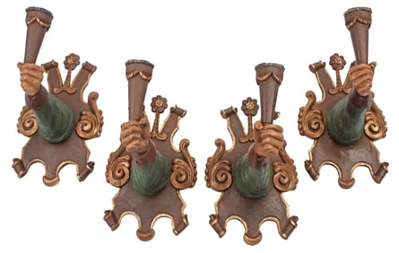 (4) CARVED & POLYCHROMED WOOD ARM-FORM CANDLE SCONCES