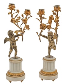 (2) AFTER HENRY DASSON (1825-1896) ORMOLU & MARBLE 2-LT CHERUB CANDELABRA