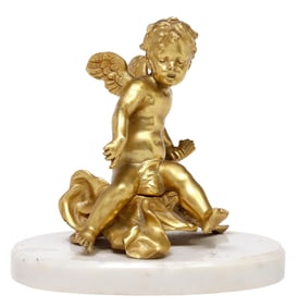 FRENCH GILT BRONZE SCULPTURE SEATED CUPID