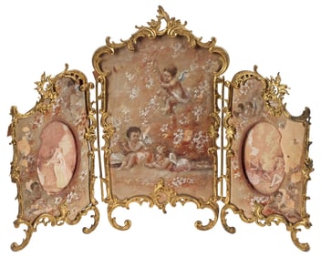 FRENCH LOUIS XV STYLE PAINTED ORMOLU TRIPTYCH TABLE SCREEN