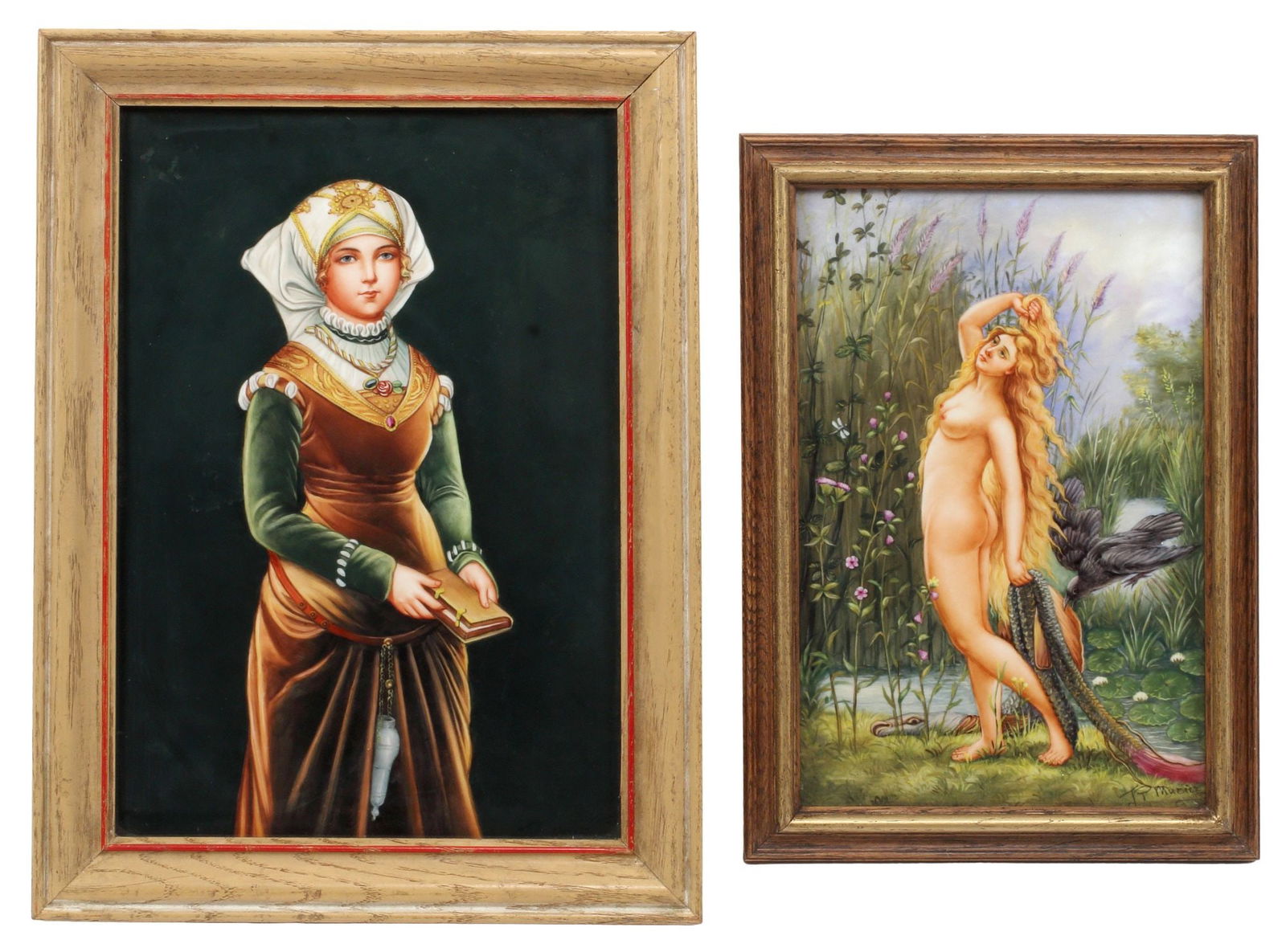 (2) KPM STYLE PAINTED PORCELAIN PLAQUES, FEMALE PORTRAIT & WATER NYMPH: (lot of 2) Framed KPM style painted porcelain plaques, including: (1) Female Nymph with Fish Skin and Raven, illegible signature lower right, after Ludwig Sturm (German, 1844-1926), sight: approx 19 5