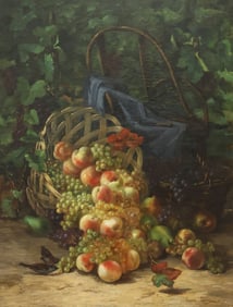LOUISE DARRU (1837-1900) PAINTING, STILL LIFE WITH BASKET OF FRUIT, 46" X 35"