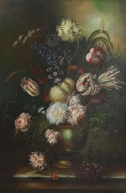 DUTCH SCHOOL FLORAL STILL LIFE PAINTING, SIGNED F.A. BRIDYMAN, 36" X 24"