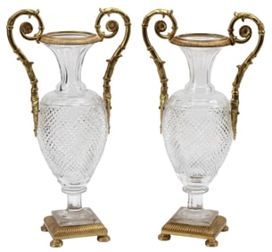 (2) BACCARAT STYLE ORMOLU-MOUNTED CUT CRYSTAL URNS