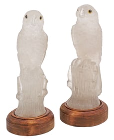(2) CARVED ROCK CRYSTAL PARROT SCULPTURES ON WOOD STANDS