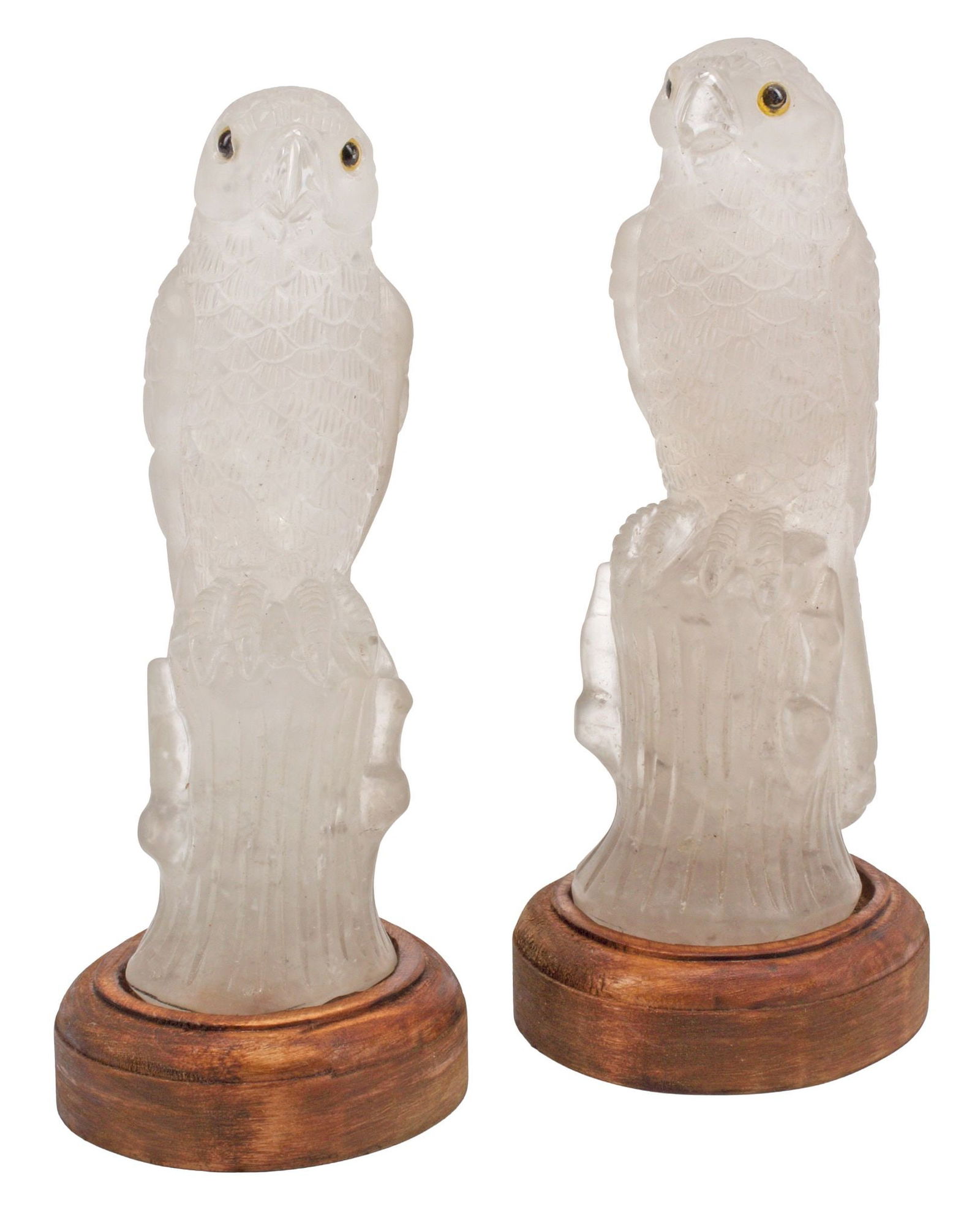 (2) CARVED ROCK CRYSTAL PARROT SCULPTURES ON WOOD STANDS (1 of 5)