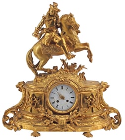 FRENCH FIGURAL CAVALIER ON HORSEBACK ORMOLU MANTEL CLOCK