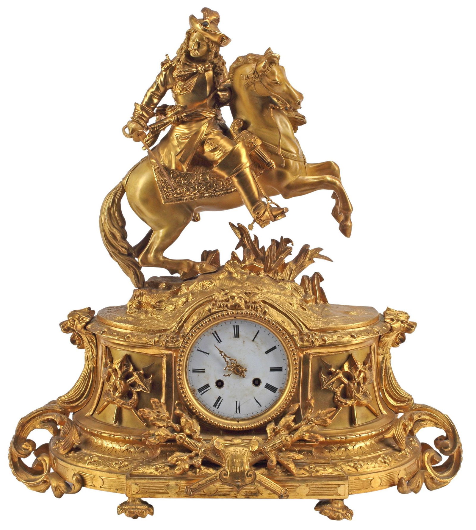 FRENCH FIGURAL CAVALIER ON HORSEBACK ORMOLU MANTEL CLOCK (1 of 5)