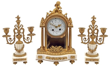 (3) FRENCH ORMOLU & MARBLE CLOCK & CANDELABRA GARNITURE SET