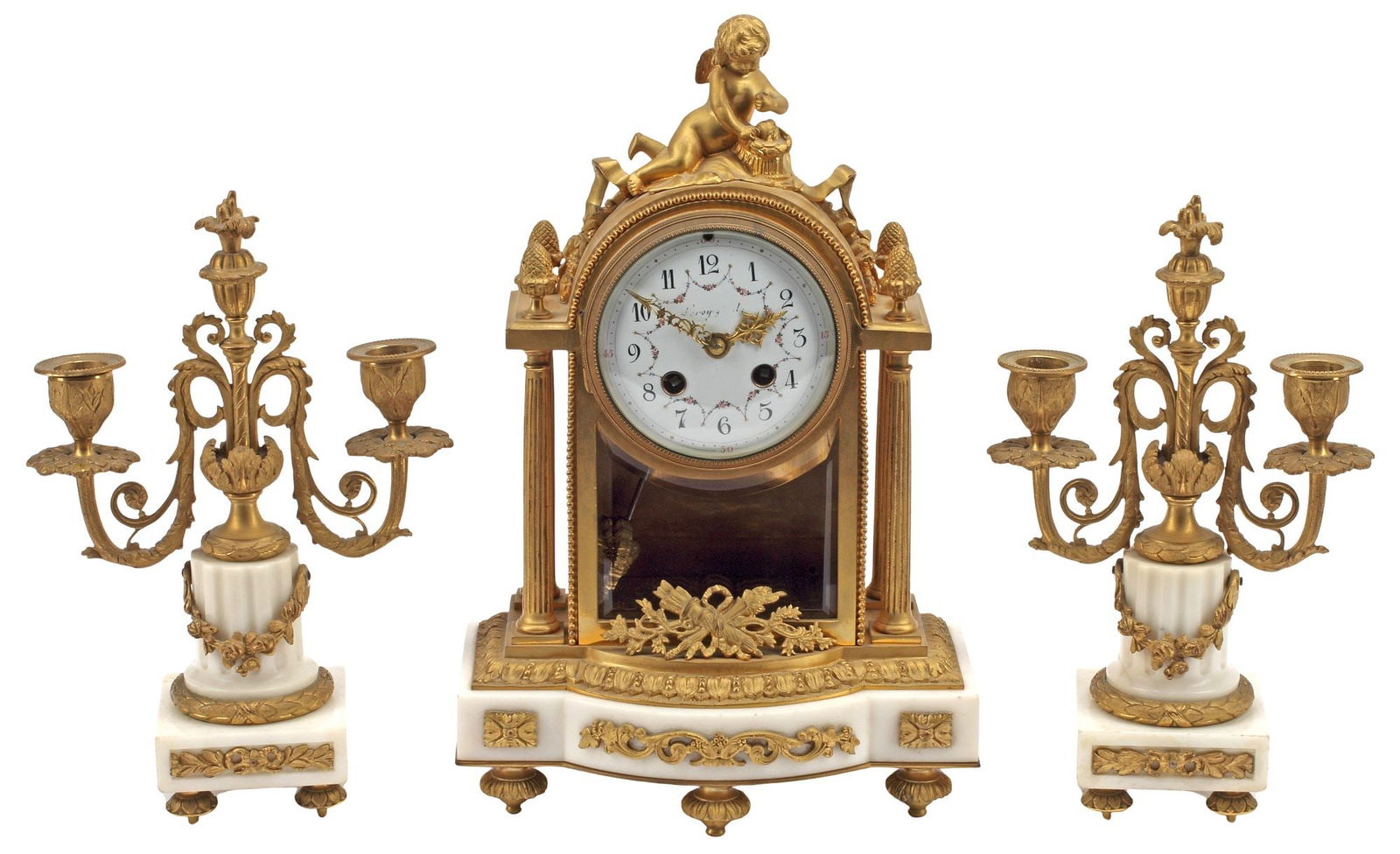 (3) FRENCH ORMOLU & MARBLE CLOCK & CANDELABRA GARNITURE SET (1 of 6)