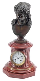 FRENCH VICTOR PAILLARD FIGURAL PATINATED BRONZE & MARBLE MANTEL CLOCK