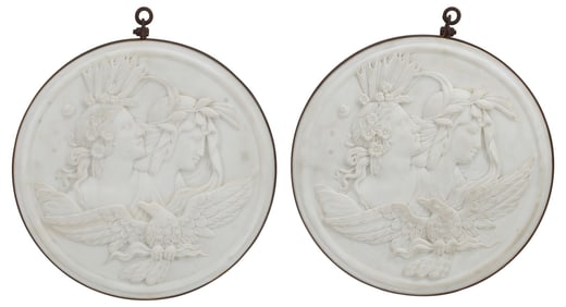 (2) CLASSICAL STYLE MARBLE RELIEF PLAQUES IN IRON MOUNTS