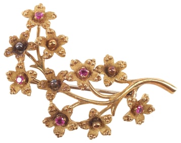 ESTATE TIFFANY & COMPANY 18KT YELLOW GOLD & RUBY BROOCH / PIN