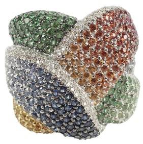 ESTATE 18KT WHITE GOLD, DIAMOND & MULTICOLOR SAPPHIRE RING