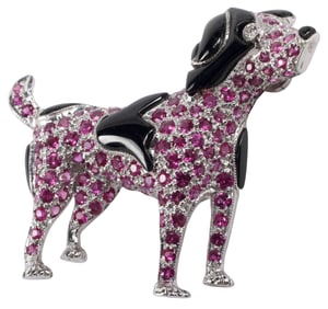 ESTATE 18KT WHITE GOLD, 2.34CTTW RUBY & ENAMELED DOG BROOCH