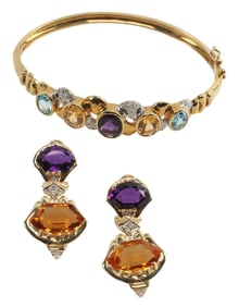 (2) ESTATE 14KT MULTI-GEMSTONE HINGED BRACELET & EARRINGS