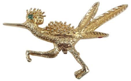 ESTATE 18KT YELLOW GOLD & EMERALD ROADRUNNER PENDANT
