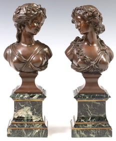 (2) SIGNED MARIN & ROBERT FRENCH BRONZE BUSTS, BEAUTIES, ON MARBLE BASES