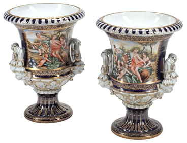 (2) SEVRES STYLE PARCEL-GILT & COBALT PORCELAIN CAMPANA URNS, 23"H
