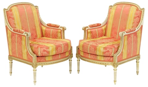(2) FRENCH LOUIS XVI STYLE PARCEL GILT UPHOLSTERED ARMCHAIRS