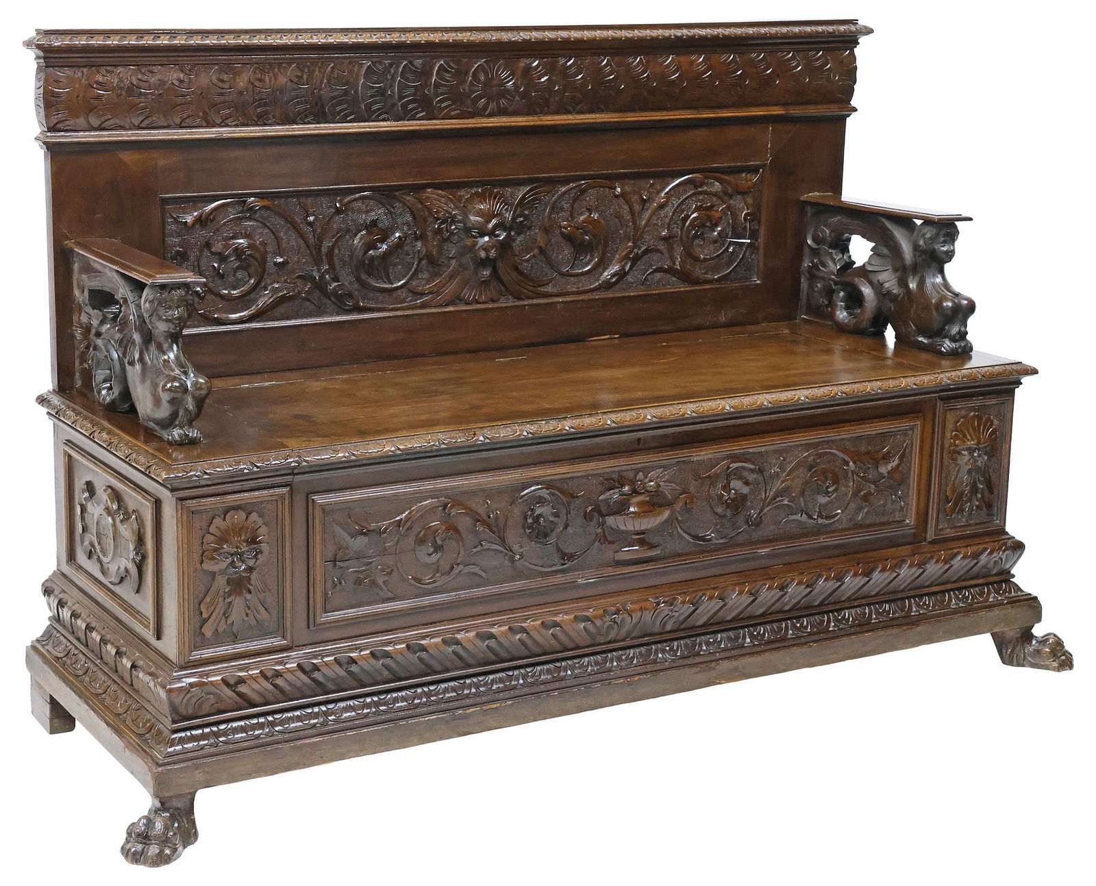 ITALIAN RENAISSANCE REVIVAL CARVED WALNUT HALL BENCH (1 of 6)
