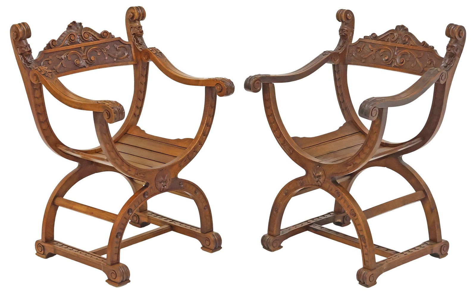 (2) ITALIAN RENAISSANCE REVIVAL CARVED WALNUT CURULE CHAIRS (1 of 5)