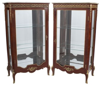 (2) TRANSITIONAL STYLE MARBLE-TOP ORMOLU-MOUNTED VITRINE CABINETS