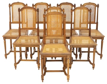 (8) FRENCH LOUIS XVI STYLE CARVED WALNUT & CANE DINING CHAIRS
