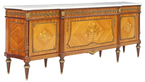 FRENCH LOUIS XVI STYLE MARBLE-TOP FLORAL MARQUETRY SIDEBOARD