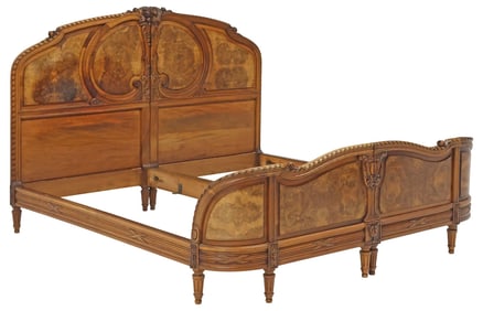 FRENCH LOUIS XVI STYLE CARVED BURLED WALNUT BED