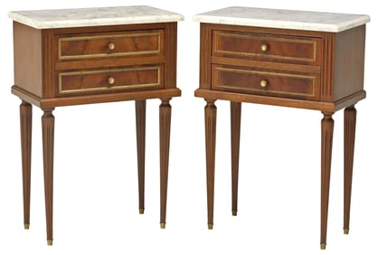 (2) FRENCH LOUIS XVI STYLE MARBLE-TOP MAHOGANY NIGHTSTANDS