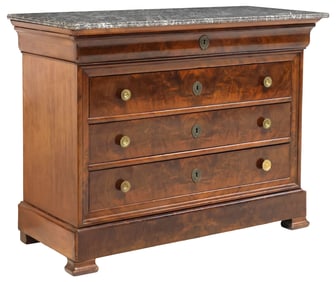 FRENCH LOUIS PHILIPPE MARBLE-TOP BURLED MAHOGANY COMMODE
