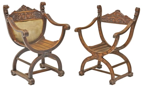 (2) ITALIAN RENAISSANCE REVIVAL CARVED WALNUT CURULE CHAIRS