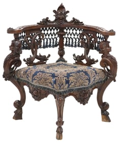 ITALIAN RENAISSANCE REVIVAL CARVED WALNUT CORNER CHAIR