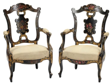 (2) VICTORIAN PARCEL-GILT PAINTED & UPHOLSTERED ARMCHAIRS