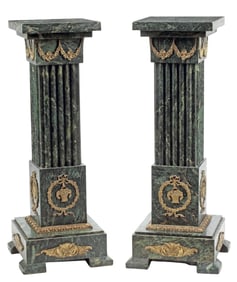 (2) LOUIS XVI STYLE ORMOLU-MOUNTED GREEN MARBLE COLUMN PEDESTALS