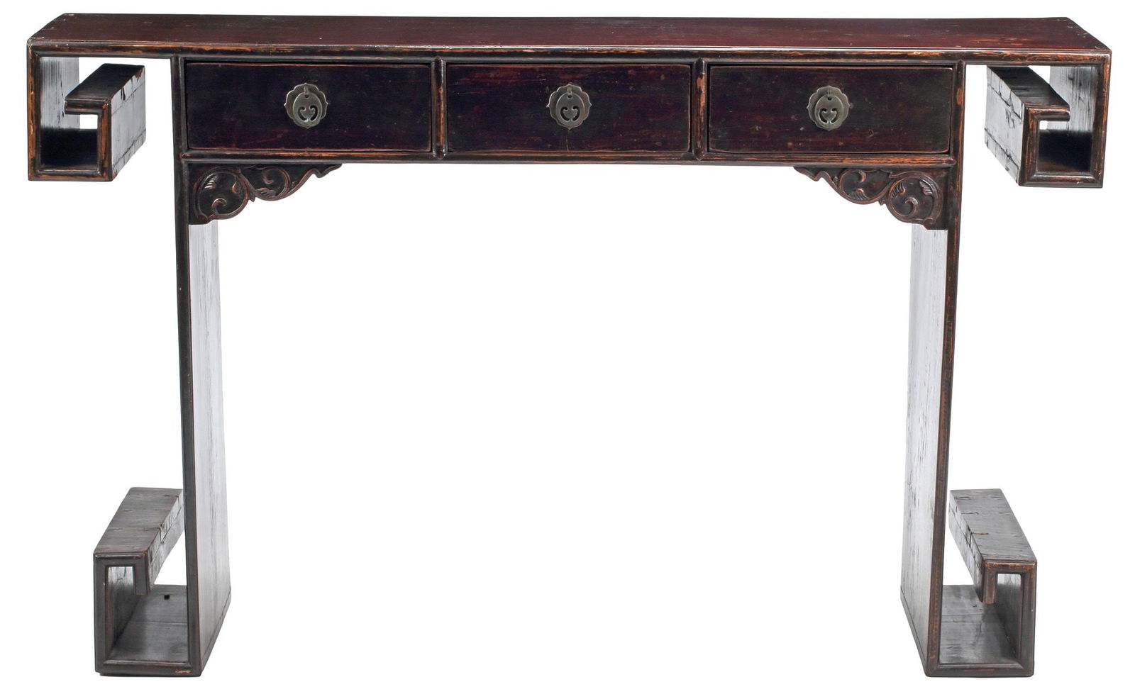 CHINESE HARDWOOD MEANDER CONSOLE / ALTAR TABLE: Chinese hardwood altar table, fitted with three drawers, top and base with Greek key/ meander terminals, scrolled spandrels, approx 36"h, 52"w, 14"d