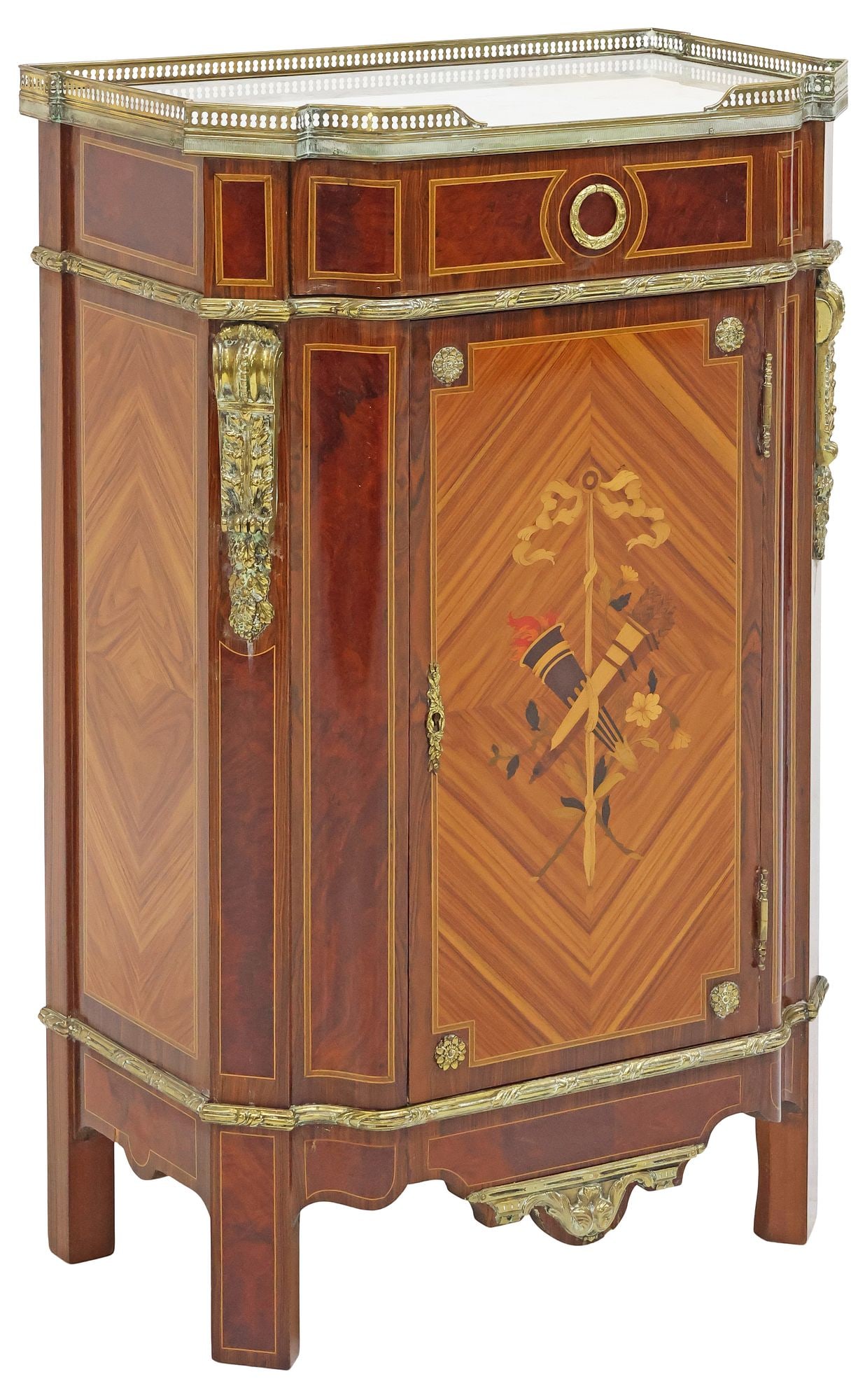 FRENCH NAPOLEON III PERIOD MARBLE-TOP MARQUETRY CABINET: French Napoleon III period marquetry cabinet, late 19th c., having inset marble top and pierced gilt-metal three-quarter gallery, above single frieze drawer, and matched veneer cabinet door with centr