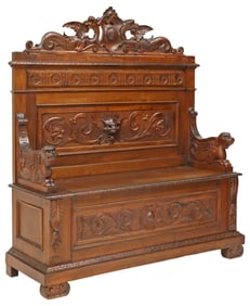 ITALIAN RENAISSANCE REVIVAL CARVED WALNUT HALL BENCH