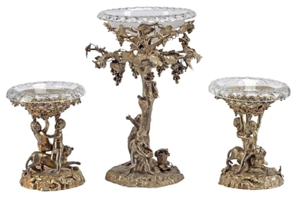 (3) BRONZE & CUT CRYSTAL FIGURAL BACCHANALIAN PUTTI COMPOTE GARNITURE