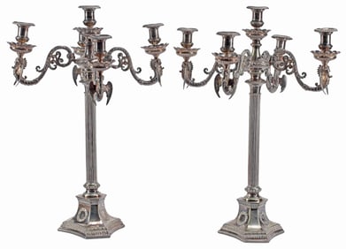 (2) LARGE NEOCLASSICAL STYLE SILVERPLATE FIVE-LIGHT CANDELABRA