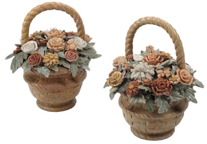 (2) LARGE POLYCHROME MARBLE HANDLED FLOWER BASKETS